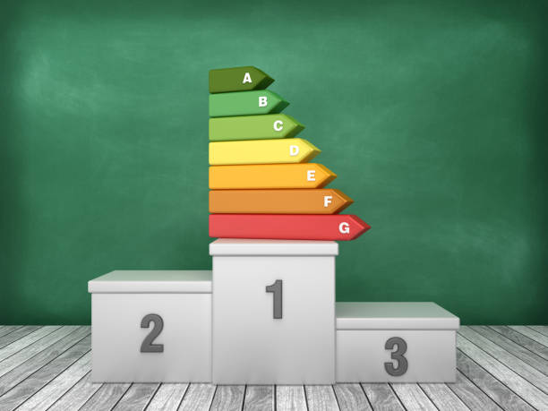 istock Podium with Energy Efficient Diagram on Chalkboard Background - 3D Rendering 1193503672