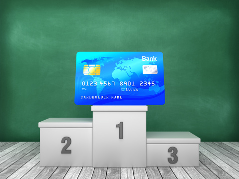 Podium with Credit Card on Chalkboard Background - 3D Rendering