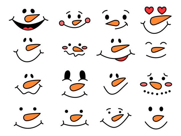 Cute snowman faces - vector collection. Funny snowman emotions. Snowman heads. Vector illustration isolated. Cute snowman faces - vector collection. Funny snowman emotions. Snowman heads. Vector illustration isolated on white background. frost face stock illustrations