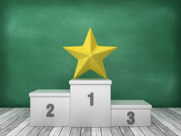 podium with star on chalkboard background - 3d rendering - rank first place podium number 1 imagens e fotografias de stock