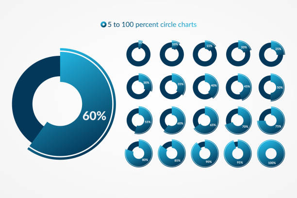 illustrations, cliparts, dessins animés et icônes de 5 10 15 20 25 30 35 40 45 50 55 60 65 70 75 80 85 90 95 100 pour cent graphique à secteurs ensemble. symbole infographique de vecteur de pourcentage. diagramme de cercle pour les entreprises, télécharger - number 20 percentage sign blue number