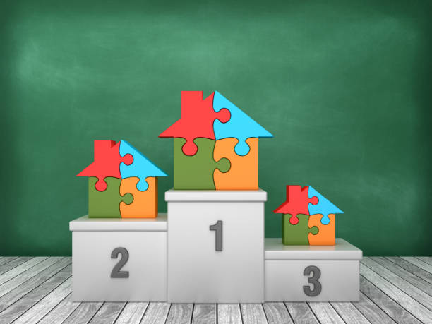 istock Podium with Puzzle House on Chalkboard Background - 3D Rendering 1193504095