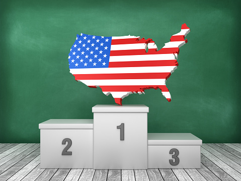 Podium with USA Country Flag on Chalkboard Background - 3D Rendering