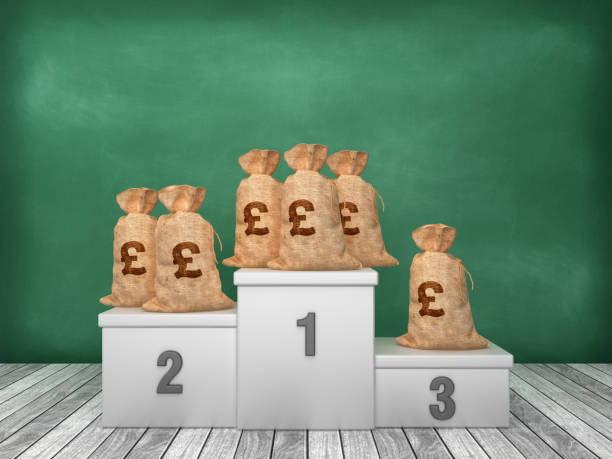 istock Podium with Pound Money Bags on Chalkboard Background - 3D Rendering 1193504499