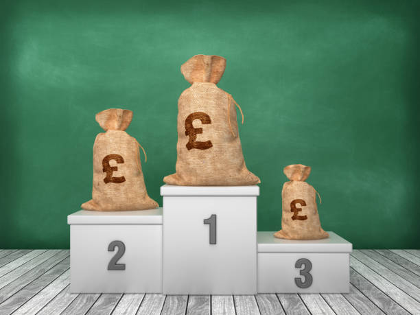 Podium with Pound Money Bags on Chalkboard Background - 3D Rendering