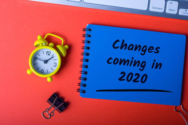 istock Changes coming in 2020. Text on notebook at red desk. New year 2020 1193504924
