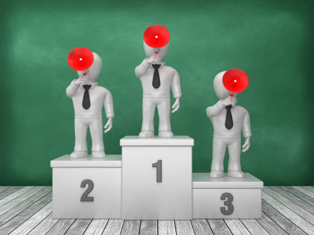 istock Podium and Business Characters with Megaphone on Chalkboard Background - 3D Rendering 1193505014
