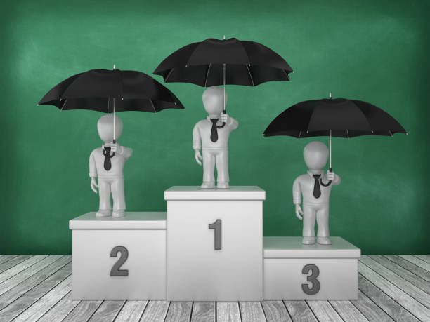 istock Podium Business Characters with Umbrella on Chalkboard Background - 3D Rendering 1193505057