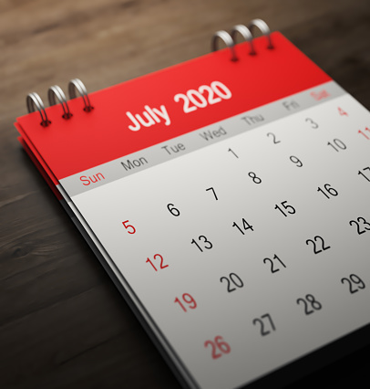 Red 2020 calendar on wooden background. 3D rendering