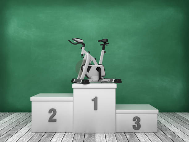 Podium with Exercise Bike on Chalkboard Background - 3D Rendering