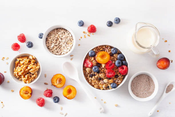 istock healthy granola for breakfast with berry fruit nut, plant milk 1193505208
