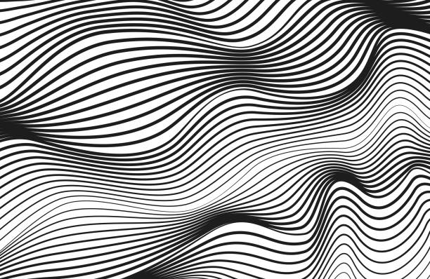 schwarze squiggly-linien auf weißem hintergrund. abstrakte technologie gestreiftes muster. vektor moderne op art design. radio, schallwellen konzept. optische täuschung. monochrom verformte oberfläche. eps10-illustration - flowing water water air wave stock-grafiken, -clipart, -cartoons und -symbole