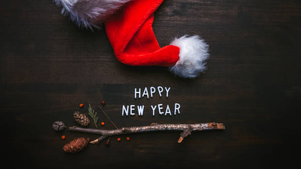 istock Happy New Year text with Santa Claus hat 1193505415