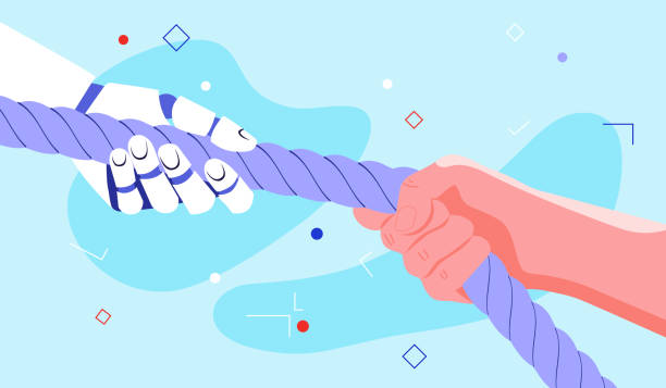 istock Upskilling concept with the robot, who helps the human to do his work better and in easier way. Colorful vector illustration for web and printing. 1193506240