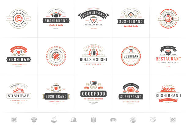 ilustraciones, imágenes clip art, dibujos animados e iconos de stock de logotipos e insignias de restaurantes de sushi establecen comida japonesa con rollos de salmón de sushi siluetas ilustraciones vectoriales - logotipo ilustraciones