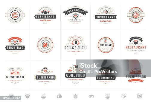 istock Sushi restaurant logos and badges set japanese food with sushi salmon rolls silhouettes vector illustration 1193506242