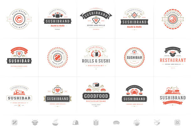 Sushi restaurant logos and badges set japanese food with sushi salmon rolls silhouettes vector illustration Sushi restaurant logos and badges set japanese food with sushi salmon rolls silhouettes vector illustration. Modern retro typography emblems and signs design. bar restaurant icon stock illustrations