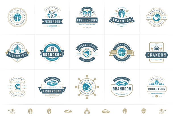 Seafood logos or signs set vector illustration fish market and restaurant emblems templates design Seafood logos or signs set vector illustration fish market and restaurant emblems templates design, salmon and tuna silhouettes. Vintage typography badges design. insignia stock illustrations