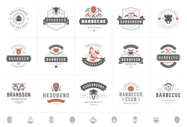 ilustrações de stock, clip art, desenhos animados e ícones de grill and barbecue logos set vector illustration steak house or restaurant menu badges with bbq food silhouettes - sign symbol typescript retro revival