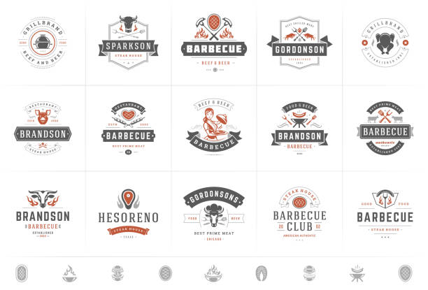 Grill and barbecue logos set vector illustration steak house or restaurant menu badges with bbq food silhouettes Grill and barbecue logos set vector illustration steak house or restaurant menu badges with bbq food silhouettes. Modern vintage typography labels and emblems design. meat designs stock illustrations
