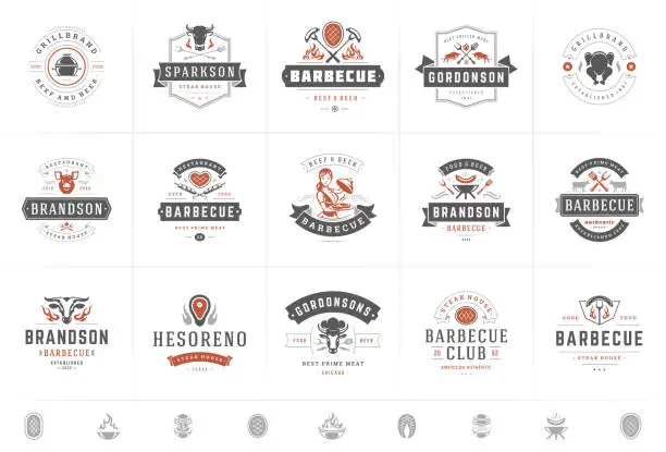 Vector illustration of Grill and barbecue logos set vector illustration steak house or restaurant menu badges with bbq food silhouettes