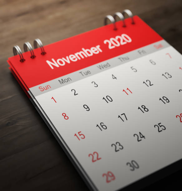 Red 2020 calendar on wooden background. 3D rendering