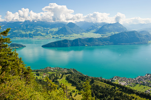 Beautiful landscape of Switzerland in alpine village over lake