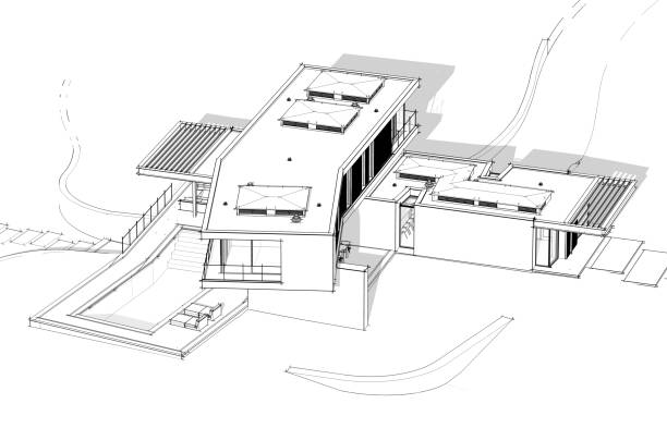 istock 3d rendering of modern house on the hill with pool black line on white background 1193508071