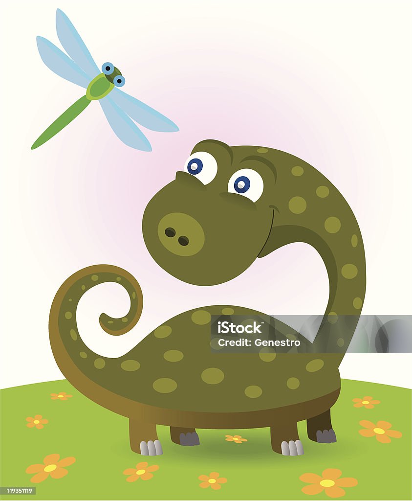 Little dinosaurio y libélula - arte vectorial de Alegre libre de derechos