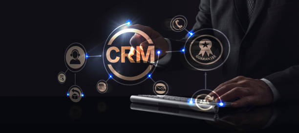 istock Businessman touching screen with about CRM 1193511785