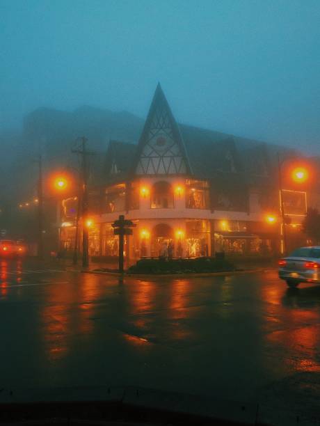 City during nightfall with fog