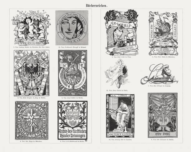 ilustrações, clipart, desenhos animados e ícones de placas de livros européias históricas (exlibris), gravuras de madeira, publicadas em 1900 - ex líbris