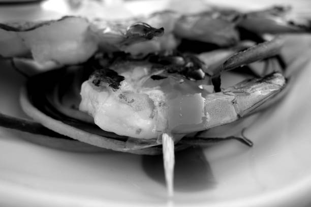 istock Grilled tasty shrimps with blur effect in black and white 1193512689