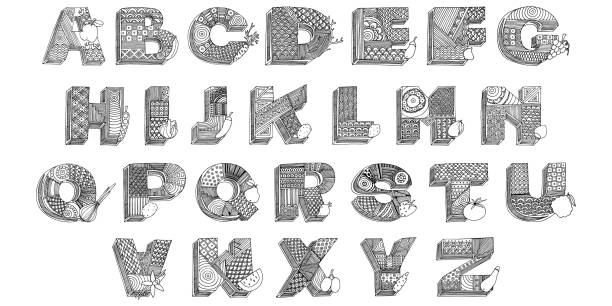 istock Hand drawing geometric ornamented alphabet. Simple black outline ABC illustrations for coloring pages, wallpapers, prints, cards, posters. Fruits, vegetables with letters on white isolated background. 1193513430