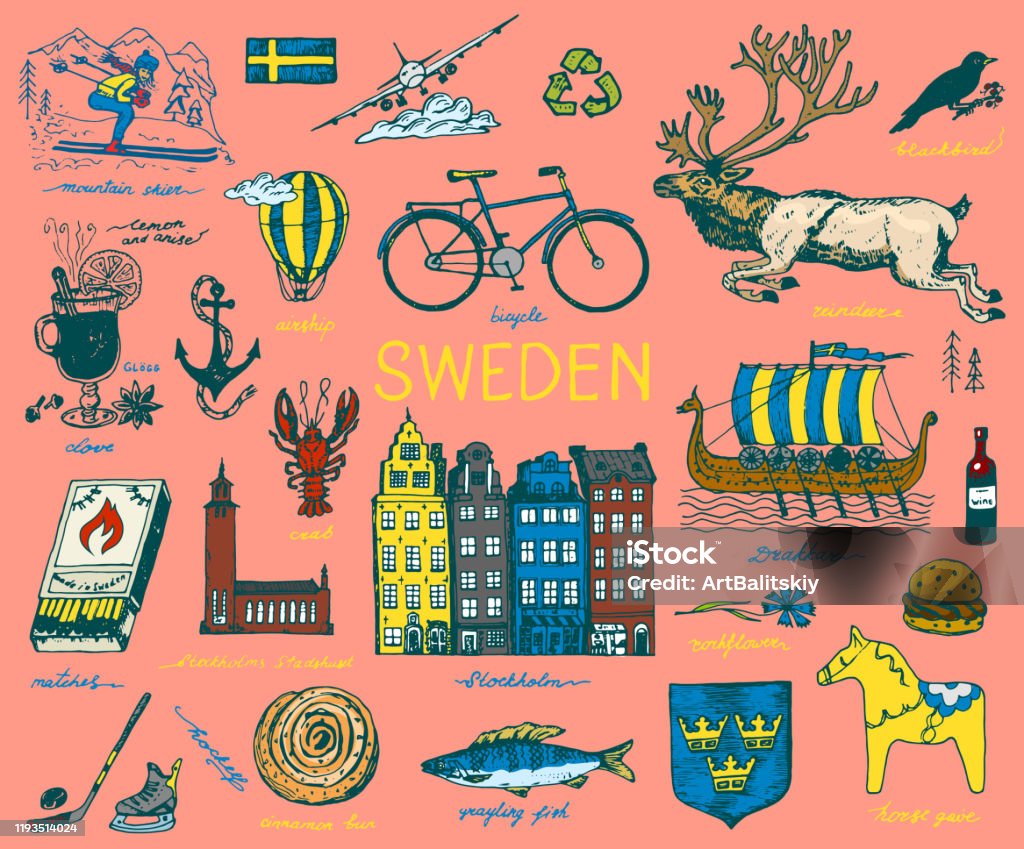 Symbols Of Sweden In Vintage Style Retro Sketch With Traditional Signs  Scandinavian Culture National Entertainment In European Country Ecology And  Processing Bicycle And Animals Winter And Cold Stock Illustration -  Download Image