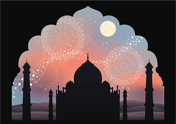 India Dream Destination A view of the Taj Mahal under the moonlight and the starry sky framed through a doorway. The background is degraded in blue and orange tones with ornaments based on paisley patterns and persian tiling artwork. persian culture stock illustrations