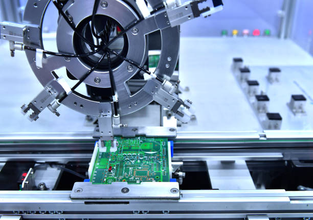 istock Technological process of soldering and assembly chip components on pcb board, industrial 1193515441