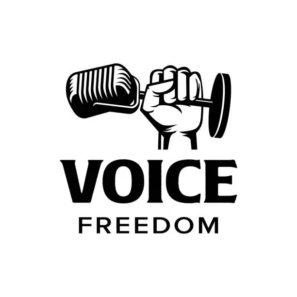 Vector illustration of Voice freedom fist with mic isolated sound logo icon vector