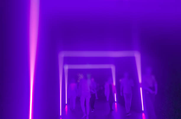 Abstract neon corridor tunnel with people silhouette