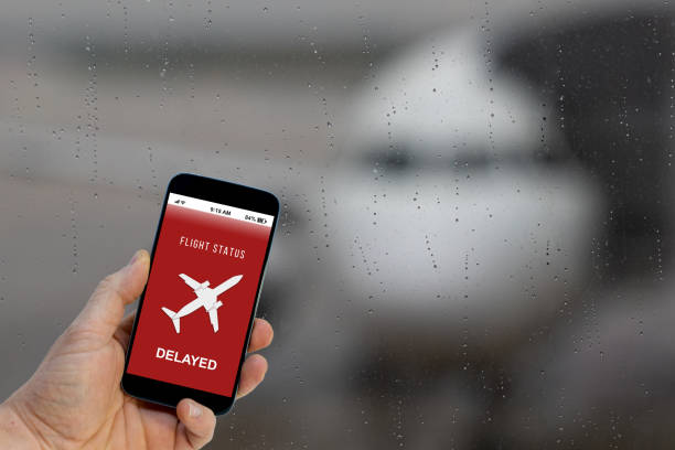 istock Flight delayed notification on Smartphone application announces bad news to tourist 1193520036