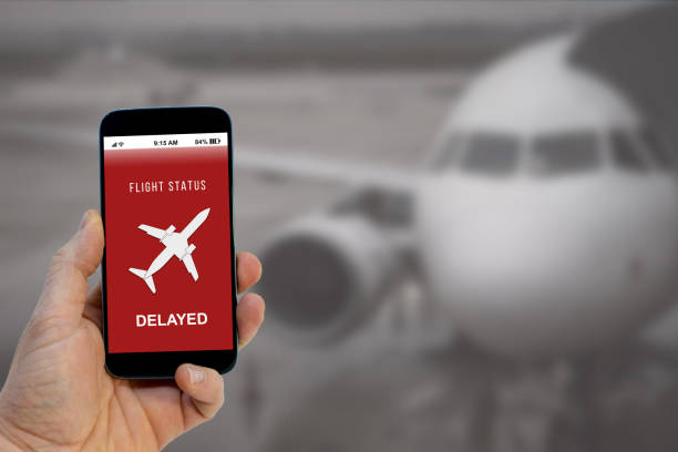 istock Flight delayed notification on Smartphone application announces bad news to tourist 1193520062