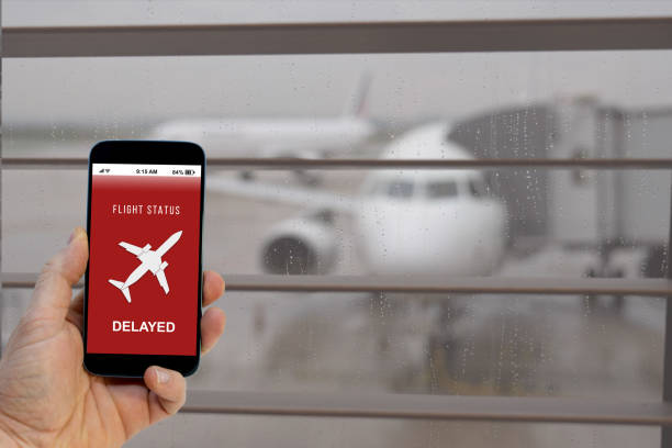istock Flight delayed notification on Smartphone application announces bad news to tourist 1193520064