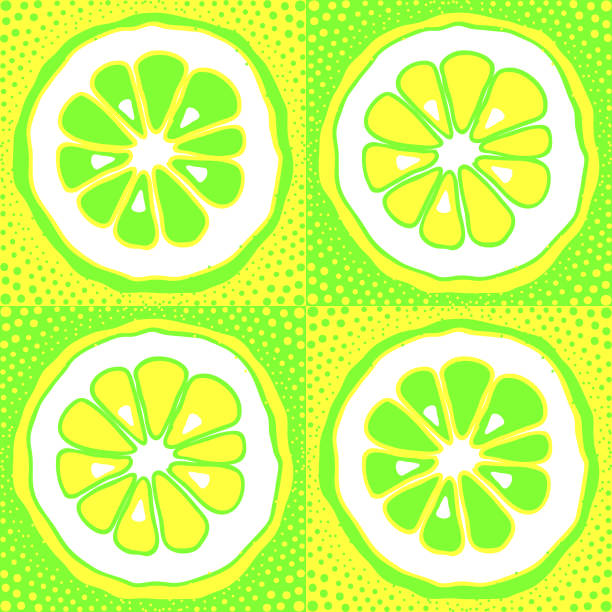 illustrations, cliparts, dessins animés et icônes de motif de répétition de vecteur avec le citron, les agrumes, l'orange. conception simple de fruit avec le fond carré jaune et vert. style pop art. - lemon textured peel portion