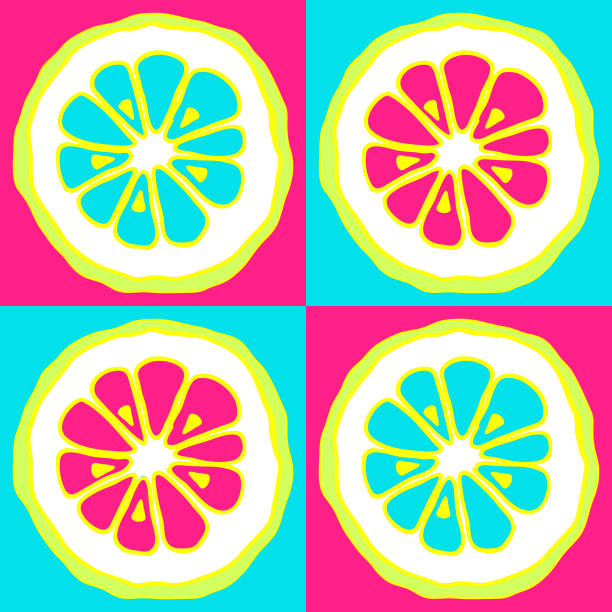 ilustrações de stock, clip art, desenhos animados e ícones de vector pattern with citrus slices on neon colored squares. halved lime, orange pop art design. - neon orange
