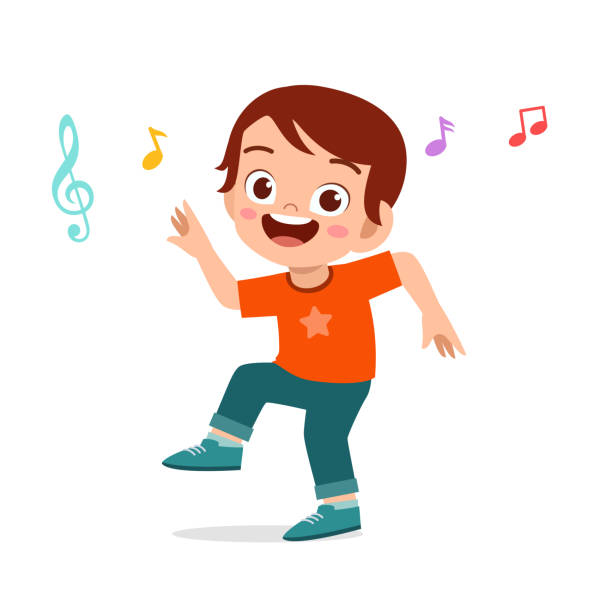 ilustraciones, imágenes clip art, dibujos animados e iconos de stock de feliz lindo niño baile con música - musical theater child violin musical instrument