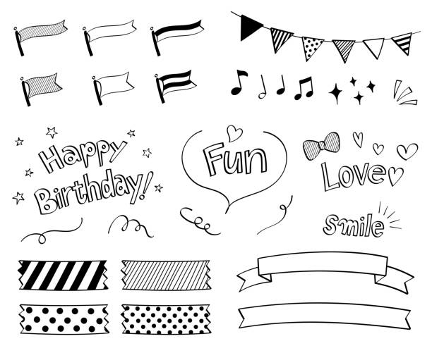 ilustrações de stock, clip art, desenhos animados e ícones de pen marker hand drawn decoration set (ribbon, garland, phrase) - ilustrações de bandeira