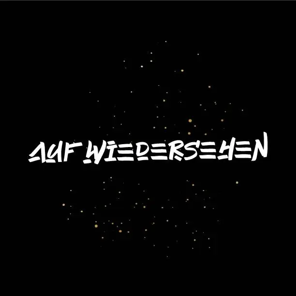 Vector illustration of AufWiedersehen brush paint hand drawn lettering on black background with splashes. Parting in german language design templates for greeting cards, overlays, posters