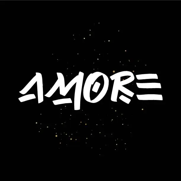 Vector illustration of Amore brush paint hand drawn lettering on black background with splashes. Love in italian language design templates for greeting cards, overlays, posters