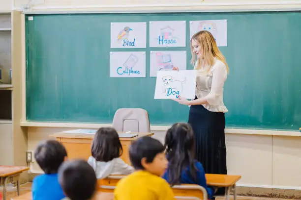 An English language teacher is teaching English at a classroom to elementary school children at a Japanese elementary school.