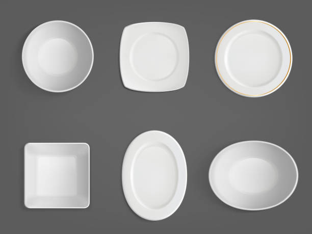 ilustraciones, imágenes clip art, dibujos animados e iconos de stock de vista superior de los cuencos blancos de diferentes formas - bowl